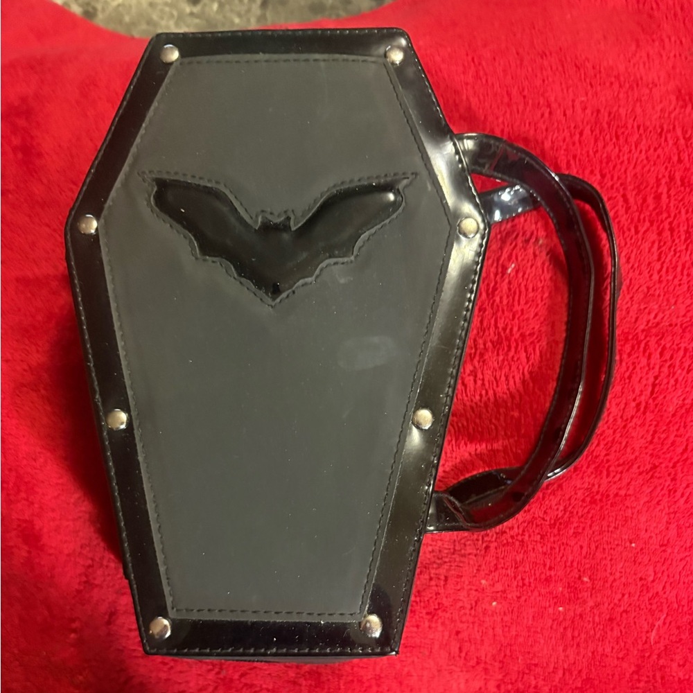 Black Coffin-Shaped Handbag with Bat Design
